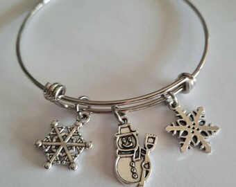 Stainless steel bangle bracelet, Christmas bracelet, snowflake bracelet, snowman bracelet, winter bracelet, charm bracelet