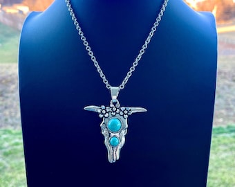 Turquoise Longhorn skull stainless steel necklace. Longhorn skull pendants, cow skull pendant, steer skull necklace, bull head necklace.