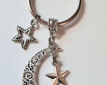 Pretty Crescent moon and stars keychain, silver, celestial keychain