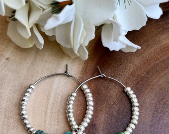 Turquoise Seed Bead Hoop Earrings, Southwestern Jewelry (30mm)