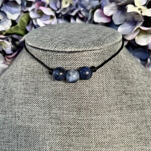 3 stone sodalite knotted leather choker. 3 stone sodalite knotted leather necklace. Boho chic sodalite choker. Gemstone choker
