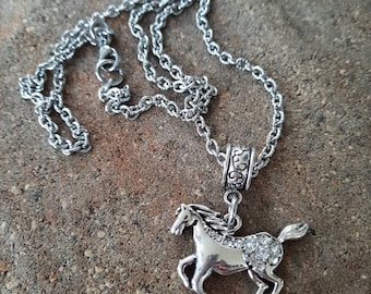 Rhinestone Horse Necklace, Stainless Steel Chain, Cowgirl Jewelry