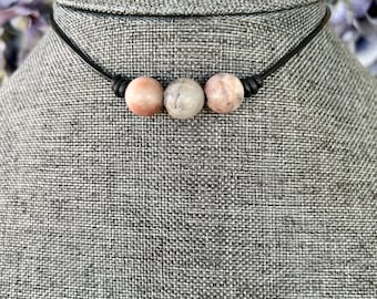 Pink Zebra Jasper Leather Choker: Boho Gemstone Necklace