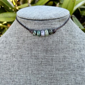 Fancy jasper knotted leather choker. Fancy jasper knotted leather necklace. Gemstone choker. Gemstone jewelry
