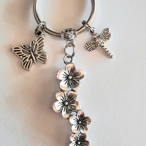 Pretty, Plum blossom flowers keychain,  dragonfly keychain butterfly keychain, spring keychain, summer keychain, floral keychain