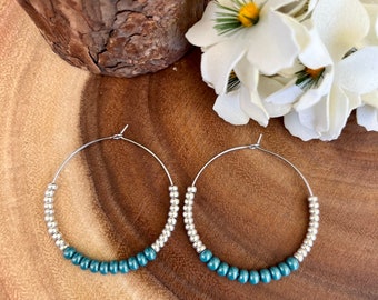 Boho Turquoise & Silver Hoop Earrings, Czech Glass Beaded