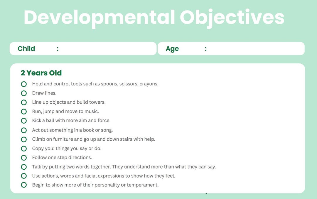 Developmental Objectives Checklist - Ages 2-5 Years - Etsy