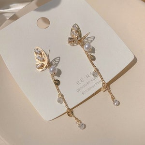 Butterfly earrings, long dangle earrings, pearl tassel earrings, Korean earrings, Japanese gifts, jewelry for her, Mother's day idea