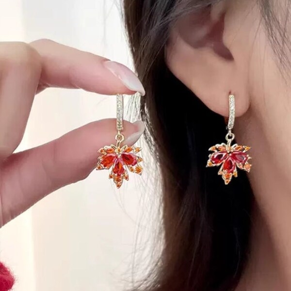 Maple Leaves Red Gem Earrings, ear dangling hoop, autumn, Fall & Winter, Handcrafted Leaf Jewelry, gift for her, women jewelry