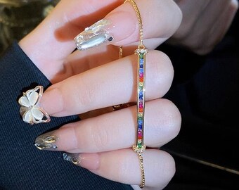 Gold Bracelet with Colorful Gems, cubic zirconia, real gold plating- Dainty and Adjustable! Best Gift for Friends