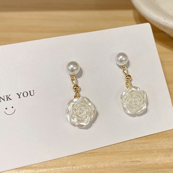 Pearl rose earrings, pearl dangle earrings, rose flower earrings, gemstone earrings, Korean earrings, jewellery gifts for her