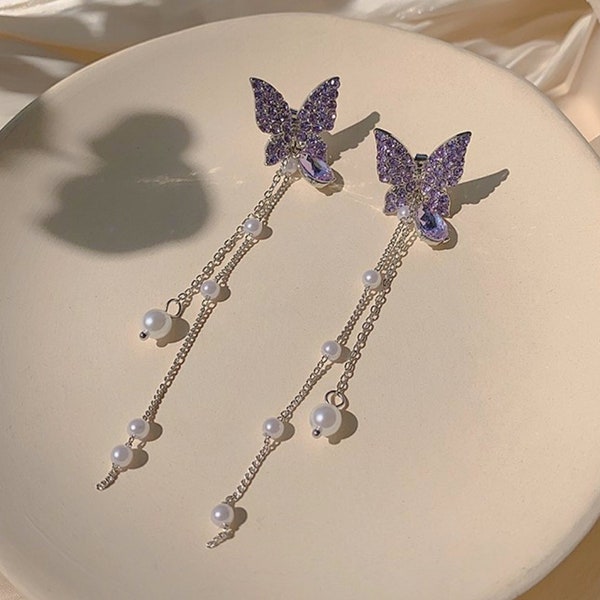 Butterfly long silver earrings, purple butterfly earrings, detachable, Korean style, jewellery gifts for her,  Mother's day idea