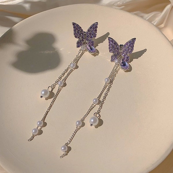 Longues boucles d'oreilles papillon en argent, boucles d'oreilles papillon violet, amovibles, style coréen, bijoux cadeaux pour elle, idée fête des mères