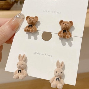 Fluffy bear/ rabbit earrings- cubic zirconia, dangle, studs, Korean style, jewellery gifts for her