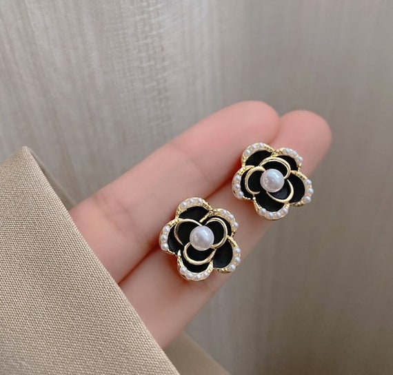Rhinestone Camellia Flower Small Statement Stud Earrings with Filigree Design for Women