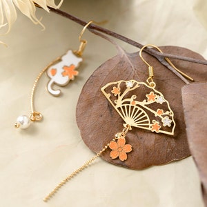 Cherry blossom cat and fan earrings, Korean style earrings, gemstone jewelry, cute cat lover gifts