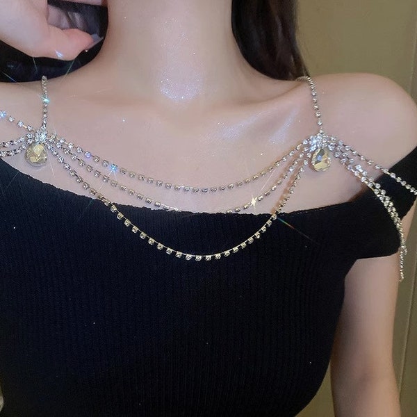 Shoulder Chain Jewelry for Body & Bridal, waist belt, Sparkling Diamond Tassel Chain- Elegant Statement Piece of Glamorous Body Jewelry