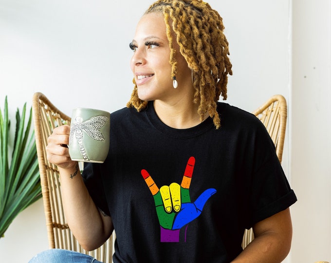 ASL Gay Pride T-Shirt | Rainbow, LGBT Pride Shirt, American Sign Language Love, ASL for Love, Gift for Her, Gift for Him