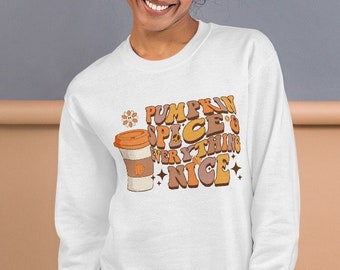 Pumpkin Spice & Everything Nice Vintage Retro Sweatshirt | Autumn Crewneck Sweatshirt, Thanksgiving or Fall Gift