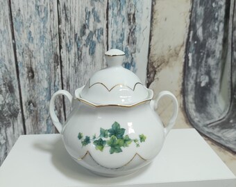 Fiesta Princess house white sugar bowl dish with green ivy design lidded fine porcelain