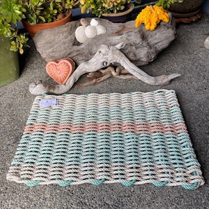 White/GreenBlue/Coral Handwoven Reclaimed Crab Pot Rope Doormat