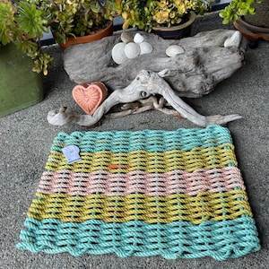 Aqua, Orange and Yellow Handwoven Reclaimed Crab Pot Rope Doormat