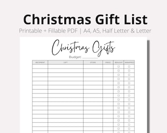 Christmas Gift List, Gift Tracker, Christmas Gift Planner, Christmas Shopping List, Gift Planner, INSTANT download PDF, A4,A5, Half, LETTER