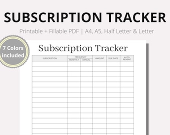 Subscription Tracker Printable, Subscription Log, Monthly Subscription Payment Log, Membership Tracking, INSTANT download PDF,A4, A5, LETTE