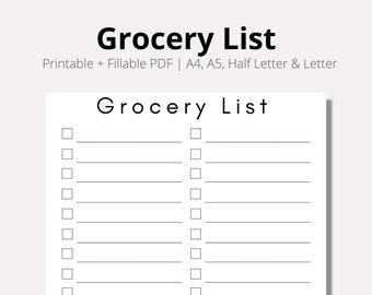 Minimalist Grocery List, Printable Shopping Checklist (PDF Download) Print List instant download PDF, Items To Buy,A4,A5, Half, LETTER