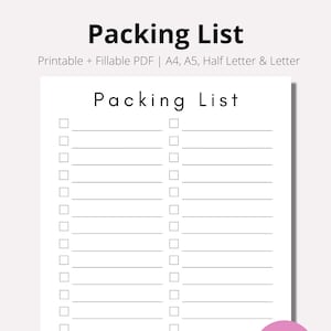 Packing List Printable, Travel packing list, Vacation packing list, Hospital packing list, Instant PDF, Items To Pack, A4, A5, Half, LETTER