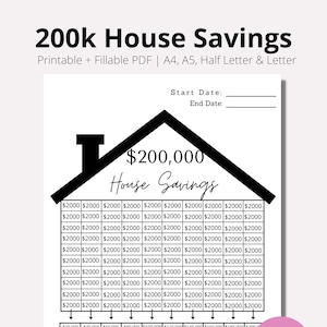 May include: Printable house savings tracker with a black and white house illustration. The tracker has a grid with 20 rows and 10 columns. Each row represents $2,000 and the total savings goal is $200,000. The tracker includes spaces to write in the start and end dates.