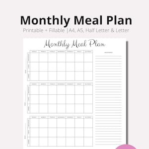 May include: A printable monthly meal planner with four weeks of meal planning grids, a grocery list section, and a notes section. The planner is designed in black and white with a pink "instant download" button.