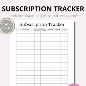 Subscription Tracker Printable, Subscription Log, Monthly Subscription Payment Log, Membership Tracking, INSTANT download PDF,A4, A5, LETTE