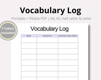 Vocabulary List Printable Planner Inserts, Vocabulary List, Word Book, Language Study, Vocabulary List Worksheet, PDF, A4, A5, Half, LETTER