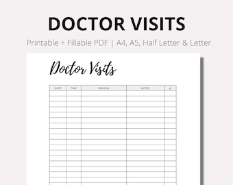 Doctor Visits Tracker Printable, Doctors Appointments Log, Medical Check Up Tracker, Doctor Visitation Log, PDF, A4, A5, Half, LETTER
