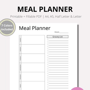Planificateur de repas imprimable, planificateur de repas hebdomadaire, planificateur d&#39;épicerie, planificateur de menu hebdomadaire, préparation de repas, planificateur de santé, PDF, A4, A5, moitié, LETTRE