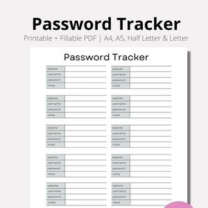 Traqueur de mot de passe, Journal de mot de passe, Organisateur de mot de passe, Gardien de mot de passe, Liste de mot de passe, Imprimer des pages de planificateur à domicile, PDF, A4, A5, moitié, lettre