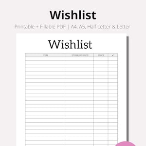 Lista de deseos imprimible, plantilla de seguimiento imprimible de la lista de deseos, lista de deseos de compras imprimible descarga INSTANTÁNEA PDF- Artículos para comprar, A4, A5, media CARTA