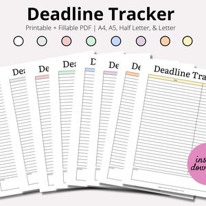 Rastreador de fechas límite imprimible, Planificador de fechas límite de tareas, Fecha límite escolar, Planificador de productividad, Planificador de objetivos, Inserciones de planificador, A4, A5, Mitad, CARTA
