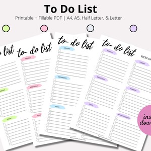 Weekly To Do List Printable, To Do Checklist, To Do List Template, Productivity Planner, Digital Download, PDF, US Letter, A4, A5, 4 Colors