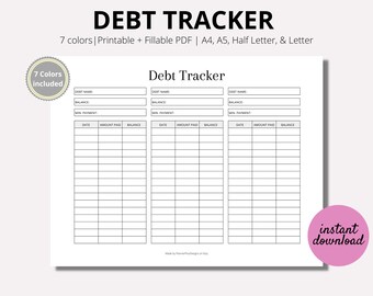 May include: Printable debt tracker with three columns for tracking debt name, balance, minimum payment, date, amount paid, and balance. The tracker is available in seven colors and is printable in A4, A5, half letter, and letter sizes.