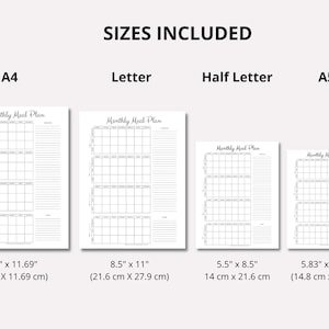 May include: Four printable monthly meal planner templates in different sizes: A4 (8.27 x 11.69 inches), Letter (8.5 x 11 inches), Half Letter (5.5 x 8.5 inches), and A5 (5.83 x 8.27 inches).