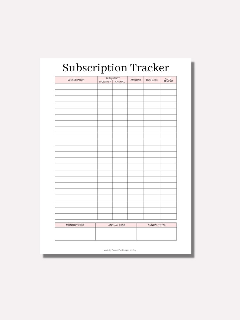 Subscription Tracker Printable Subscription Log Monthly - Etsy