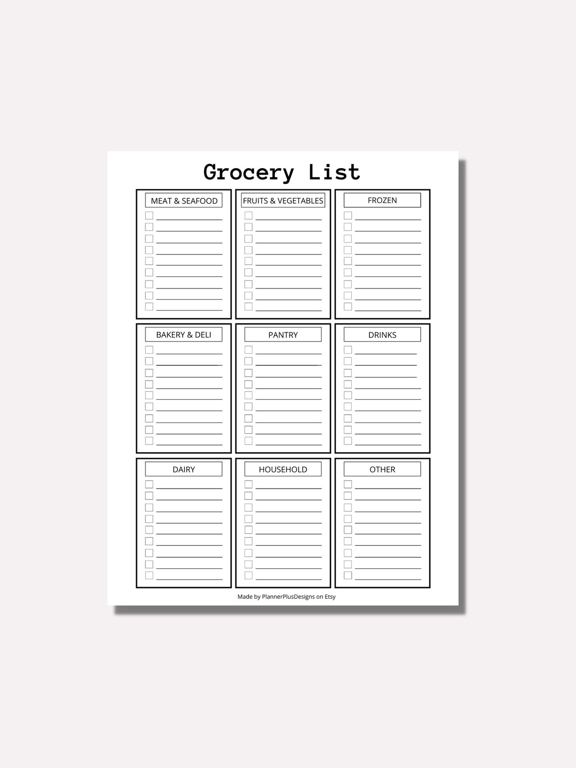 Grocery List, Category Grocery List Printable, Food Shopping List, Grocery List Inserts