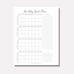 May include: A printable monthly meal planner with four weeks of meal planning space, a grocery list section, and a notes section. The planner has a simple black and white design.
