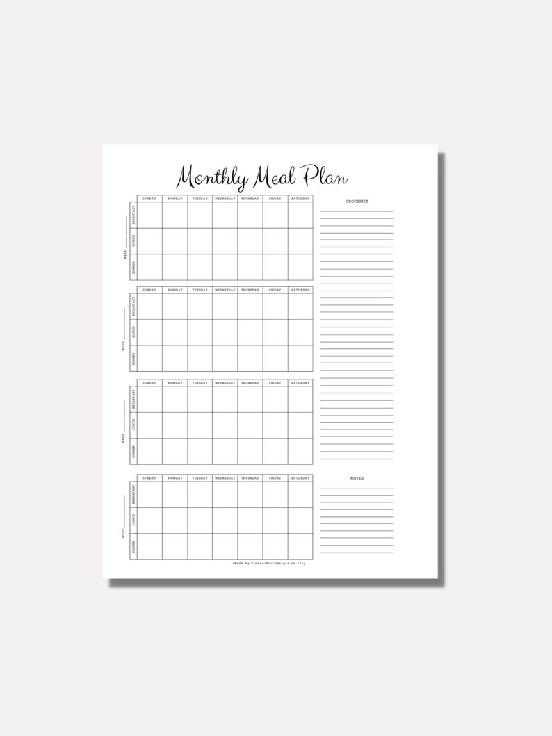 May include: A printable monthly meal planner with four weeks of meal planning space, a grocery list section, and a notes section. The planner has a simple black and white design.