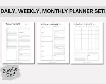 May include: A set of printable daily, weekly, and monthly planner templates. The planners are black and white and feature a simple, minimalist design.