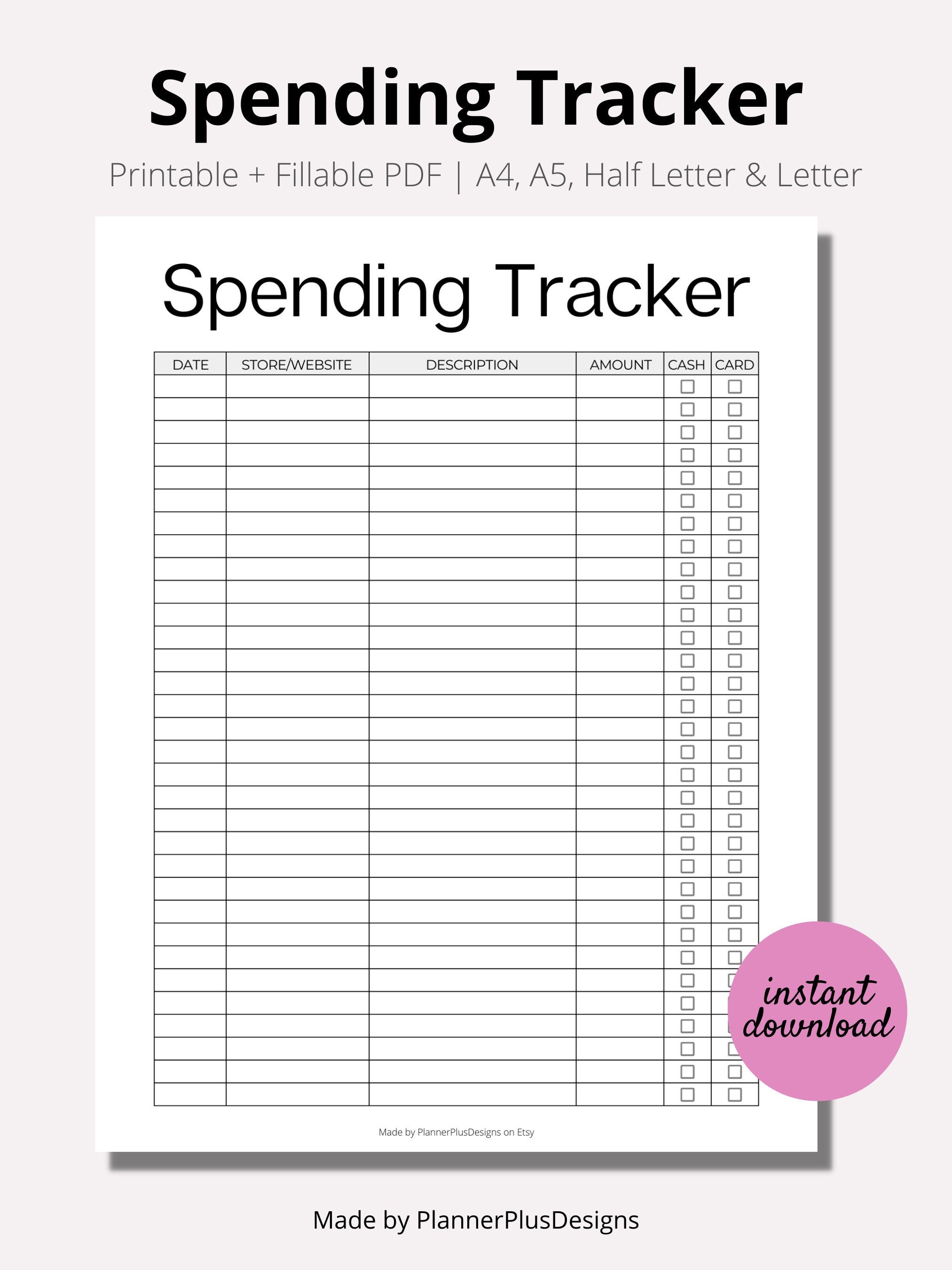 Spending Tracker, Monthly Expenses, Expense Tracker Printable, Spending Log, Purchase Recorder, Transaction Log, PDF, A4, A5, Half, LETTER