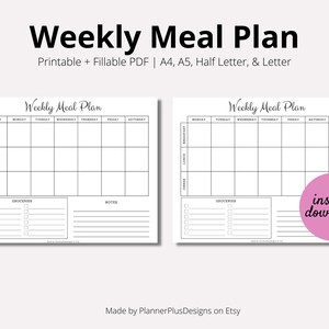 Plano de refeições semanais para impressão, planejador de menu semanal, planejador de refeições para impressão, planejador de menu semanal, planejador de refeições minimalista, comida, A4, A5, metade, CARTA