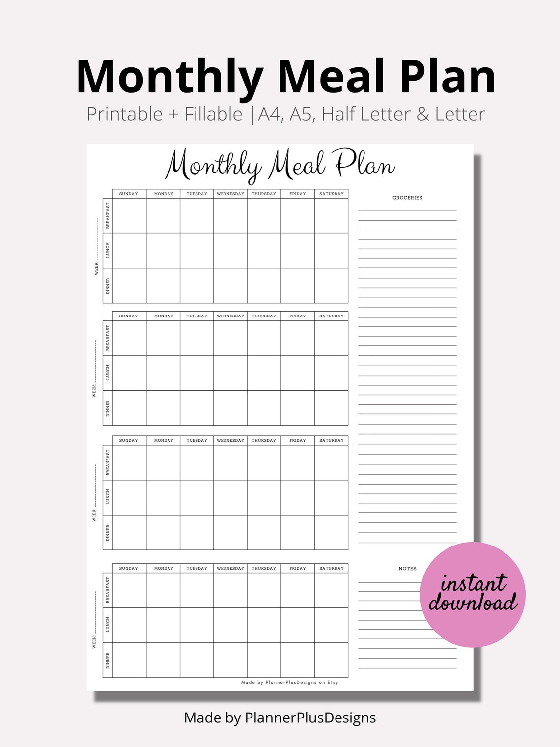Monthly Meal Plan, Printable Monthly Meal Planner, Groceries to Buy Checklist, Minimal, Print ...